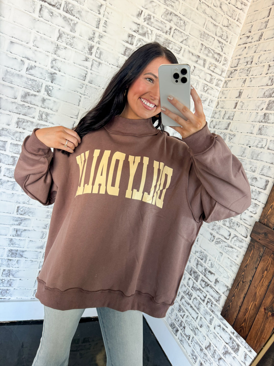 'Dilly Dally' Print Mock Neck Sweatshirt "Coffee"