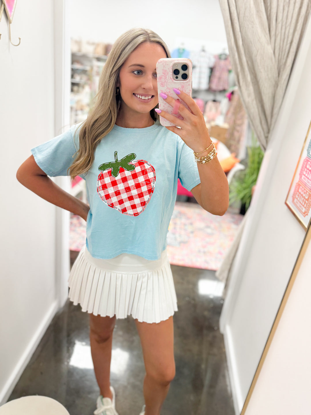 Strawberry Gingham Graphic Tee "Lt Blue"