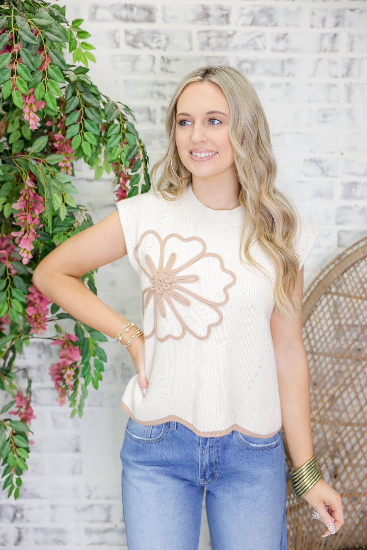 Drop Shoulder Floral Scallop Hem Sweater Top "Lt.Taupe"