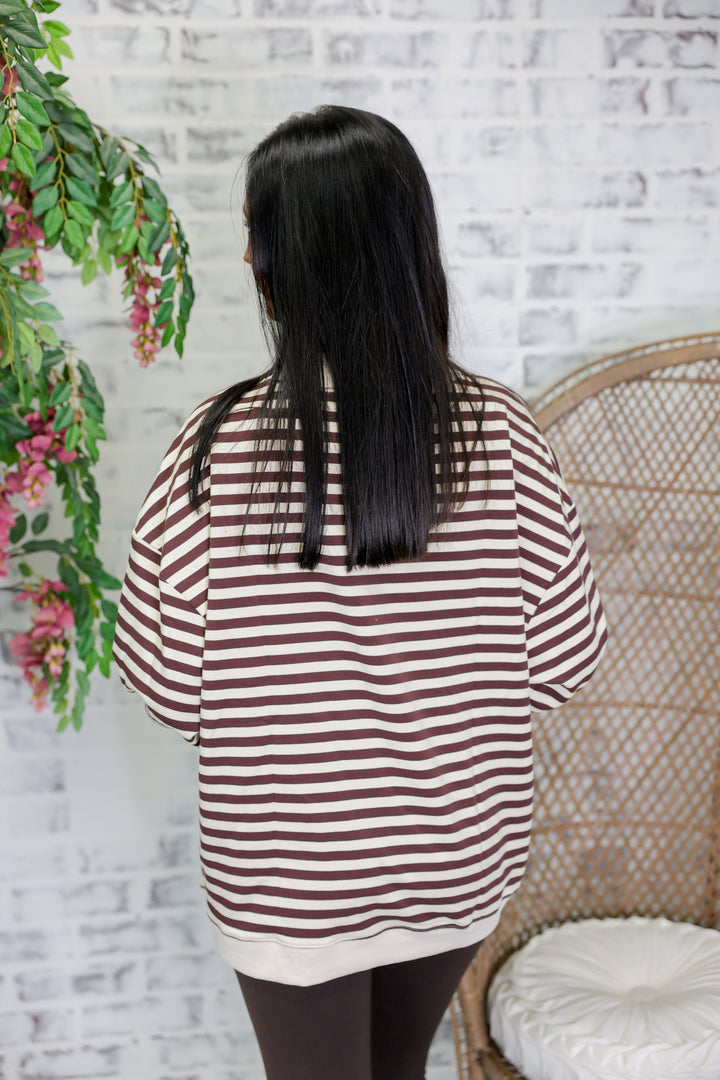 Mock Neck Striped Terry Lounge Sweatshirt "Chocolate/Ivory"