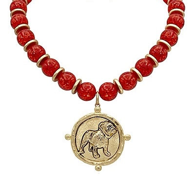 Bulldog Pendant & Bead Necklace "Red"
