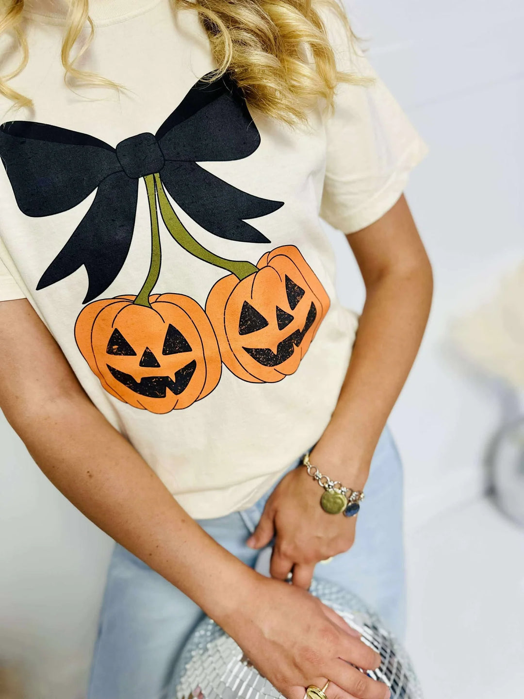 Cherry Bow Pumpkins Halloween Graphic Tee "Ivory"