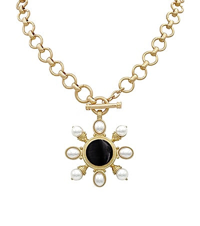 Pearl & Round Stone Necklace "Black/Gold"