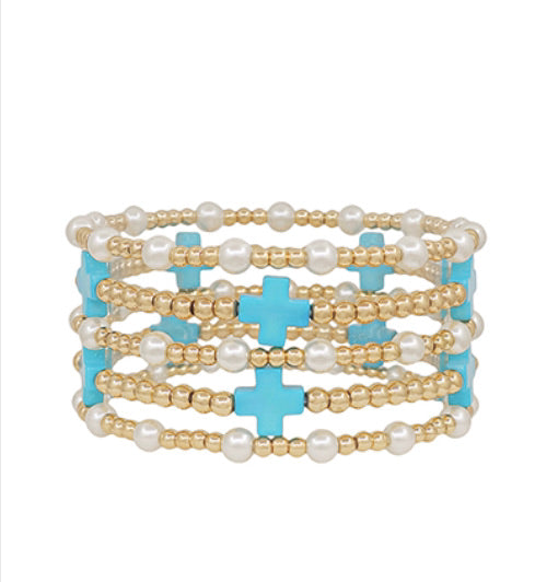 Cross Bracelet Stack "Turquoise/Pearl"