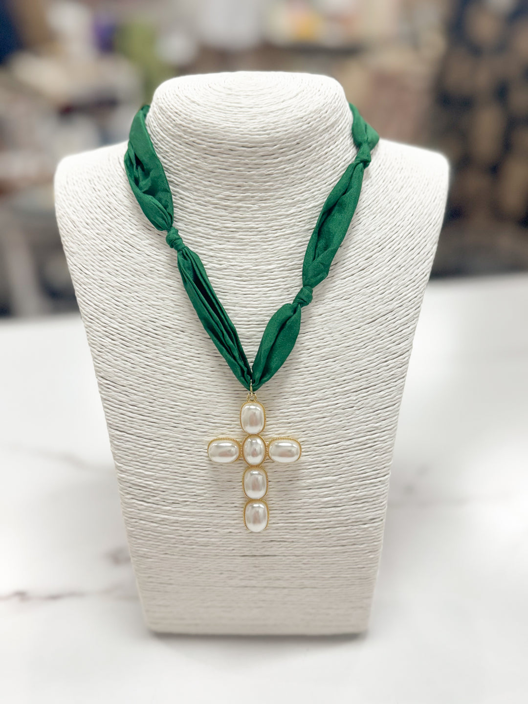Hart Designs Jewelry - Hunter Green Scarf Necklace "Pearl Cross"