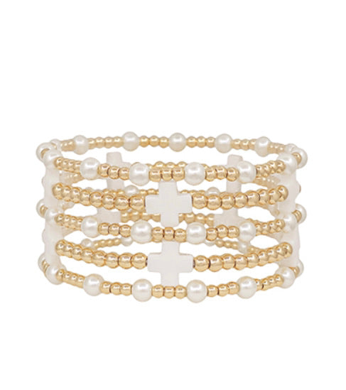 Cross Bracelet Stack "White/Pearl"