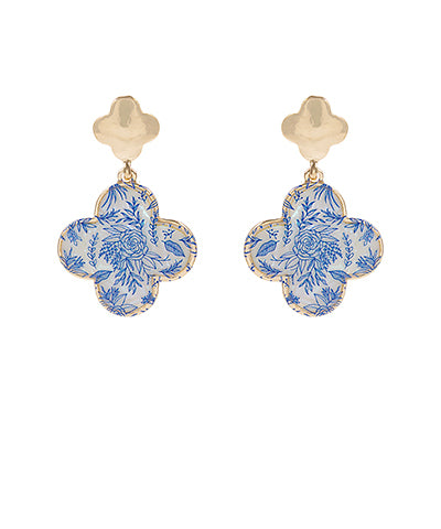 Floral Printed Clover Dangle Earrings "Blue"