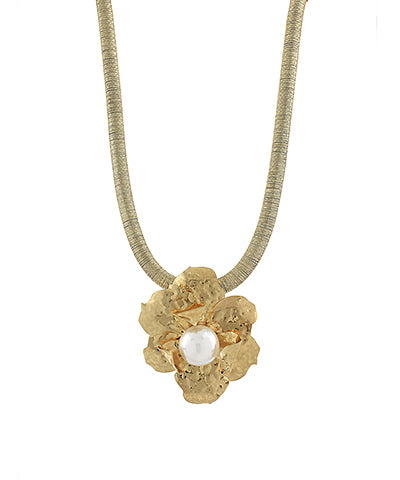 Big Flower & Pearl Pendant Necklace "Gold"