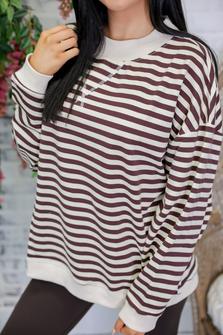 Mock Neck Striped Terry Lounge Sweatshirt "Chocolate/Ivory"