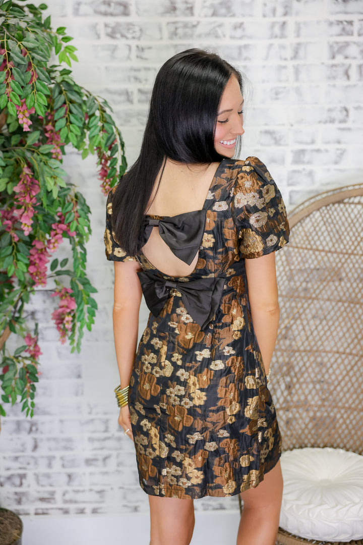 Floral Jacquard Puff Sleeve Back Bow Mini Dress
