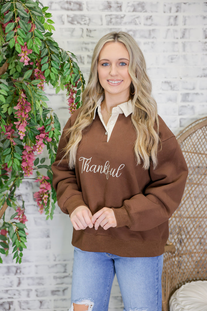 'Thankful' Embo Detail Fleece French Terry Sweatshirt