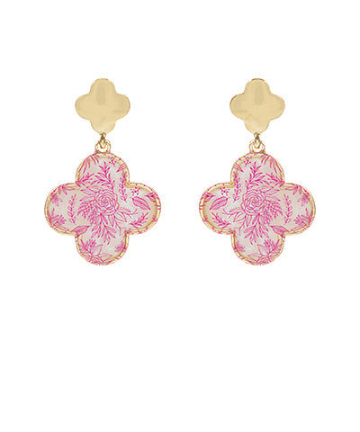 Floral Printed Clover Dangle Earrings "Pink"