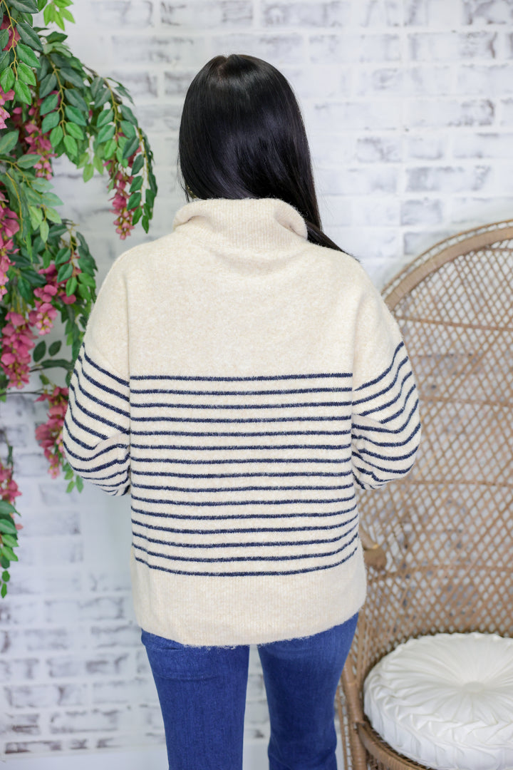Long Sleeve Striped Sweater Knit Top "Ecru/Navy"