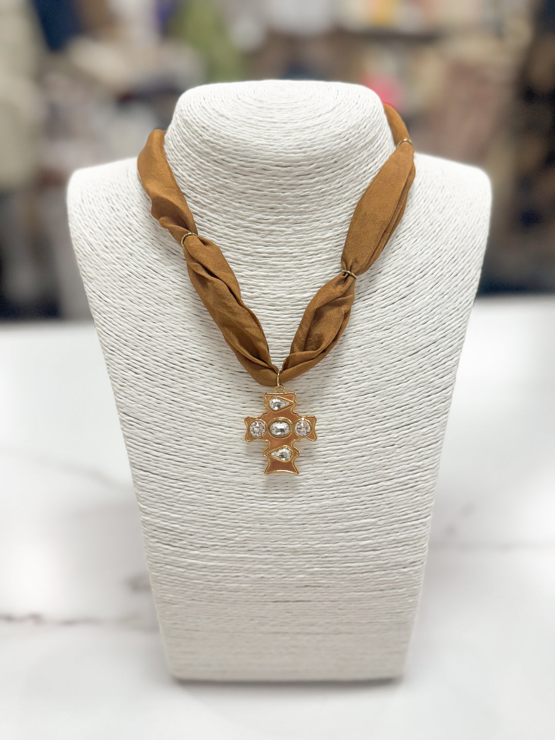 Hart Designs Jewelry - Brown Scarf Necklace "Gold Cross"