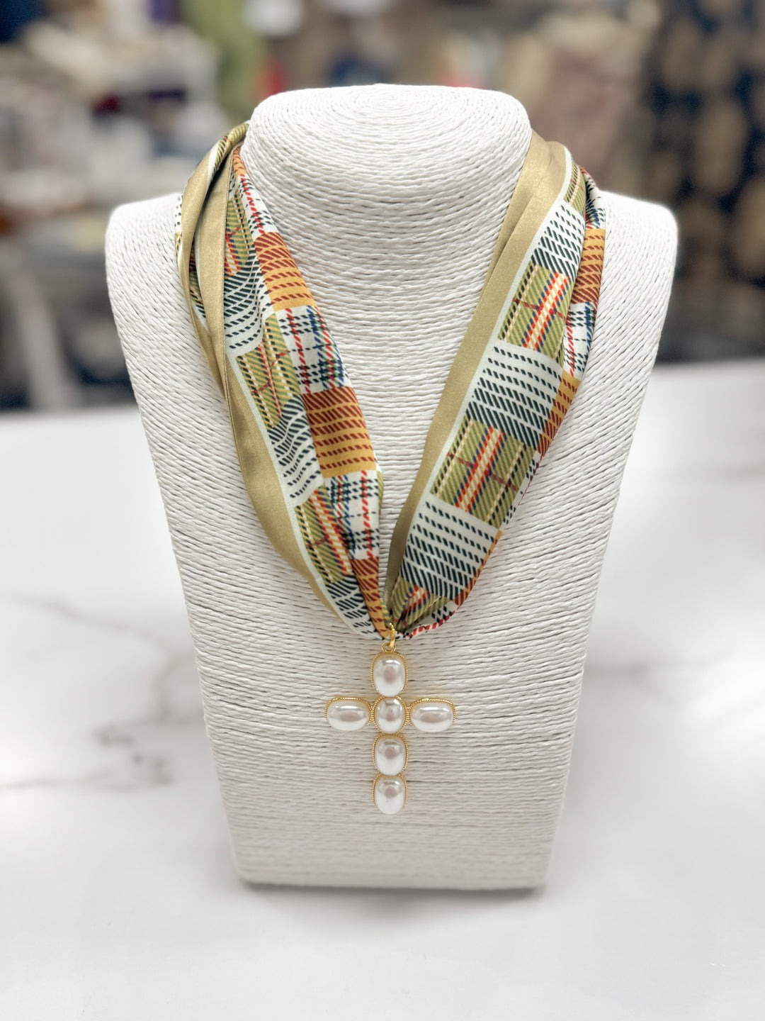 Hart Designs Jewelry - Fall Plaid Scarf Necklace "Pearl Cross"