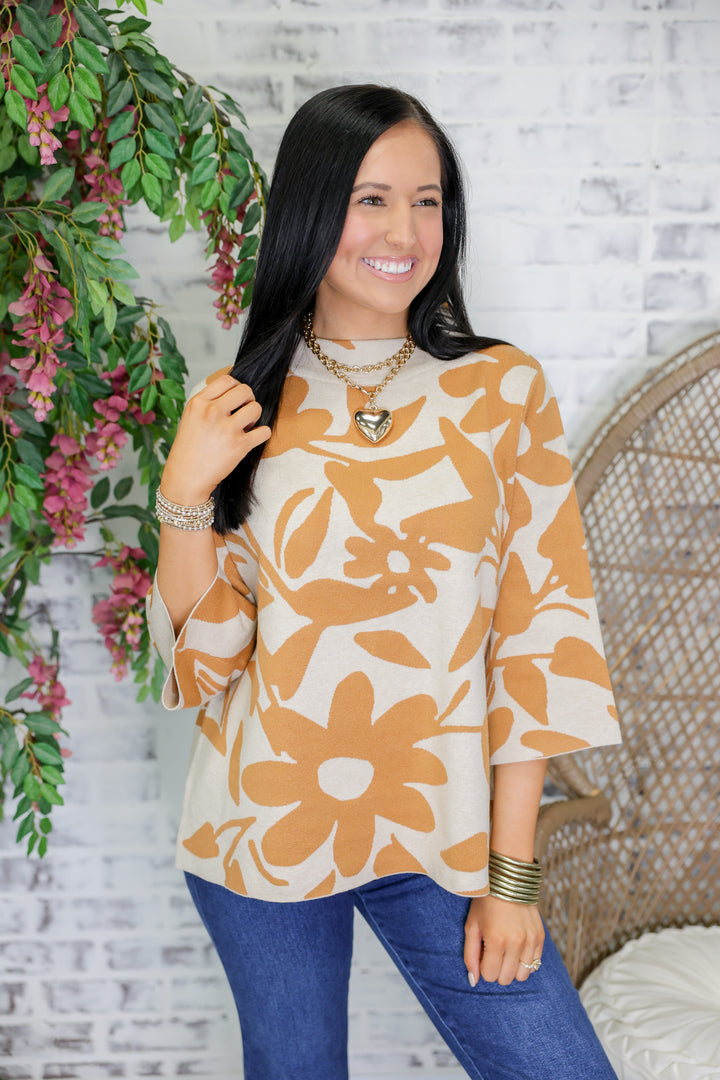 Floral Pattern Jacquard Knit Bell Sleeve Sweater "Taupe/Camel"