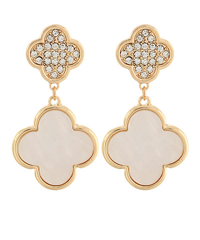 Pave Crystal & Clover Earrings "Cream/Gold"