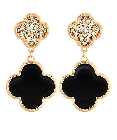 Pave Crystal & Clover Earrings "Black/Gold"