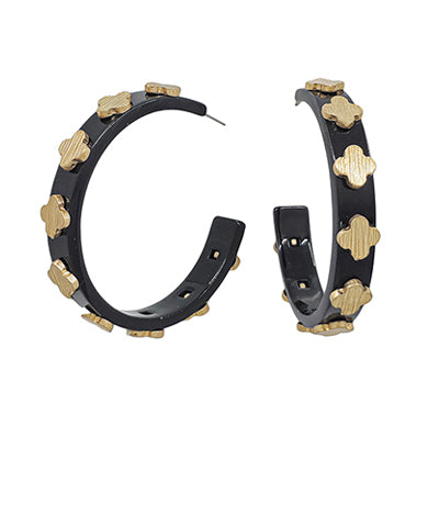 Metal Clover Acetate Open Hoops "Black/Gold"