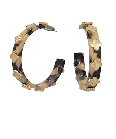 Metal Clover Acetate Open Hoops "Beige/Gold"