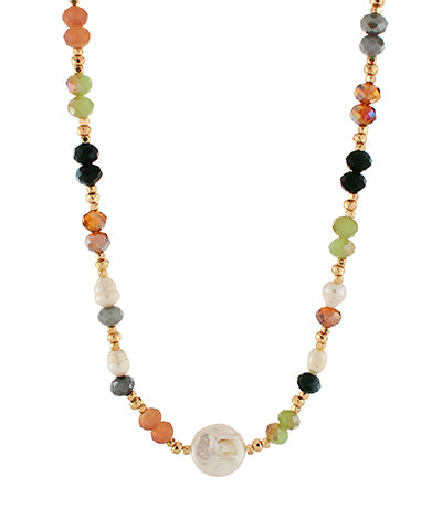 Multi Bead & Pearl Station Pendant Necklace "Multi/Gold"