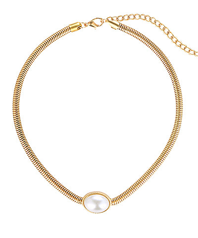 Oval Pearl & Snake Chain Choker "Gold/Cream"
