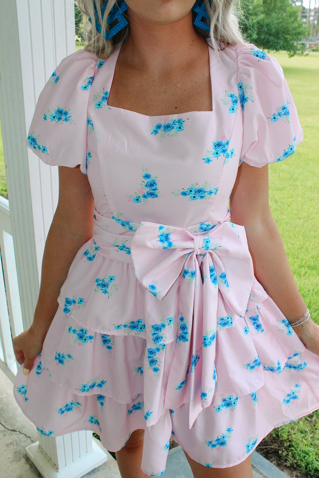 Floral Puff Sleeve Bow Dress