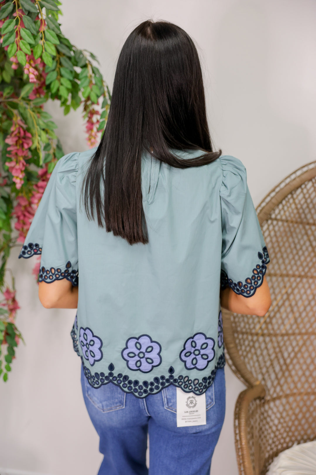 Allie Embroidery/Scallop Detail Top "Dk Sage"
