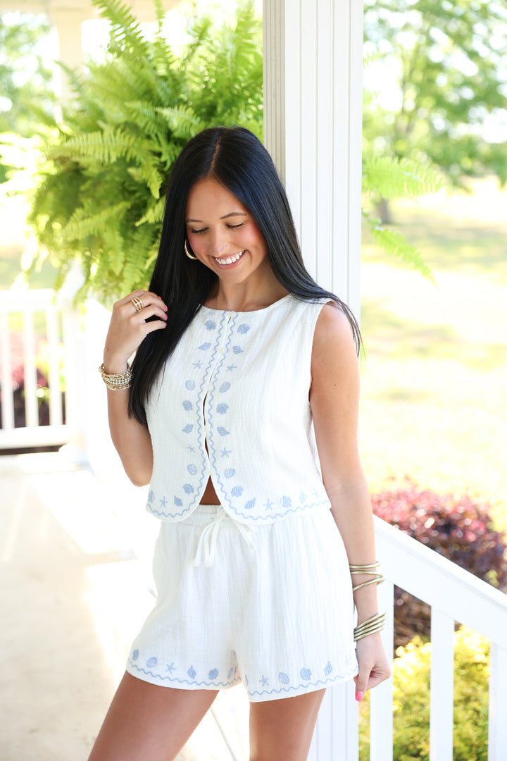 Coastal Vibe Embroidered Vest & Short Set "Off White"