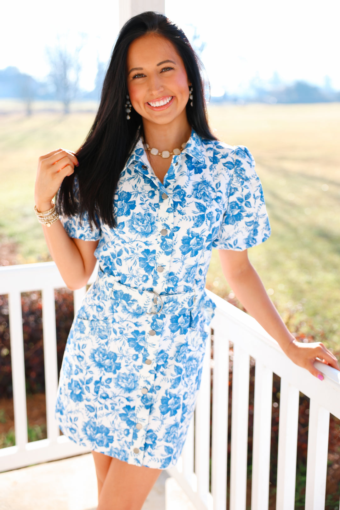 Belted Button Dress "White/Blue"