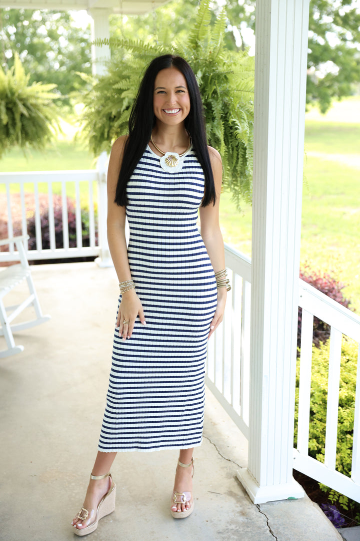 Sleeveless Round Neck Striped Rib Sweater Midi Dress "White/Navy"
