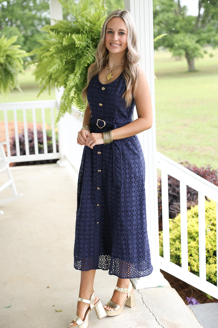 Everlasting Eyelet Sleeveless Midi Dress "Navy"
