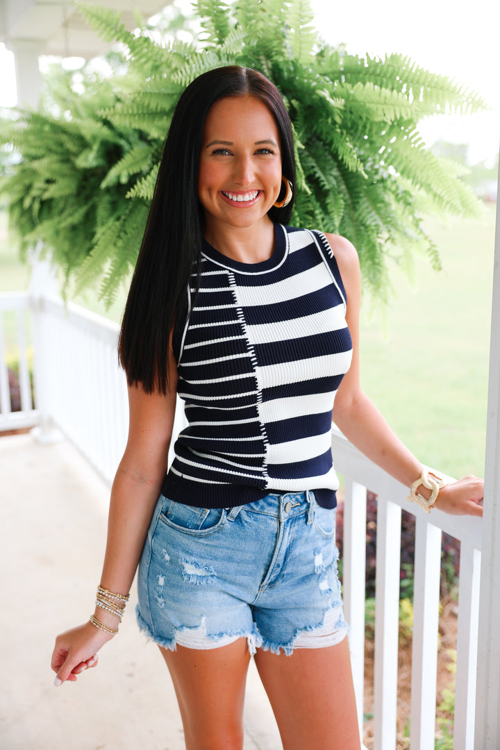 Multi-Stripe Sleeveless Sweater Top "Navy"
