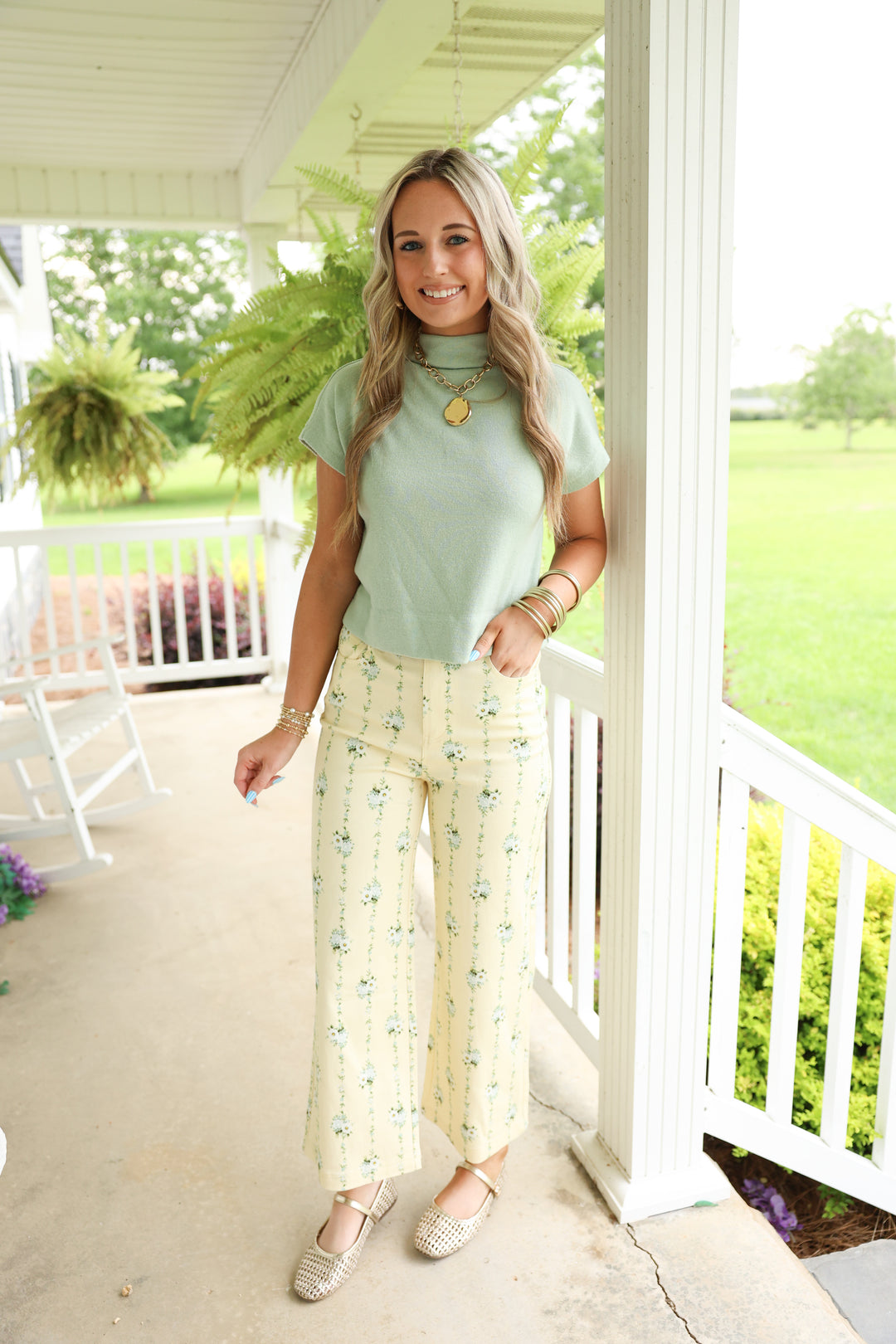 Floral Print Wide Leg Pants "Lemon"