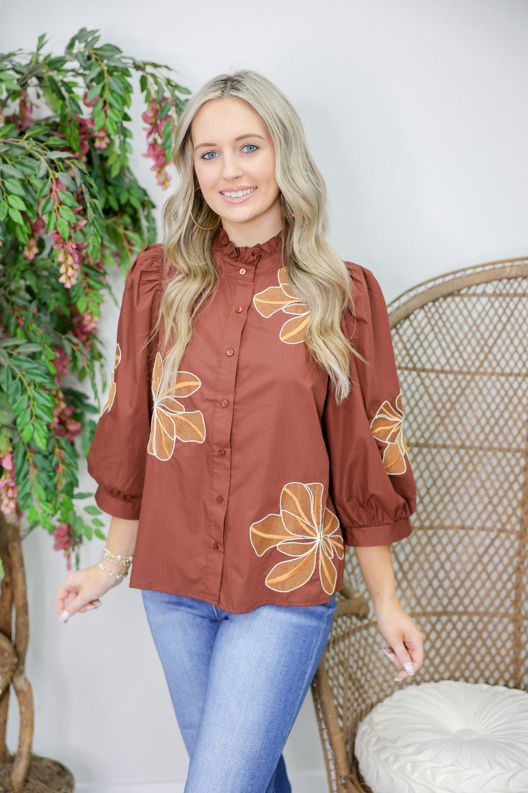 Floral Embroidery 3/4 Puff Sleeve Top "Chocolate"