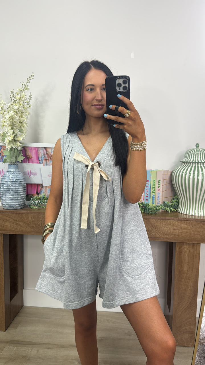 Front Tie W/ Pleats Detail Sleeveless Terry Romper "H Grey"
