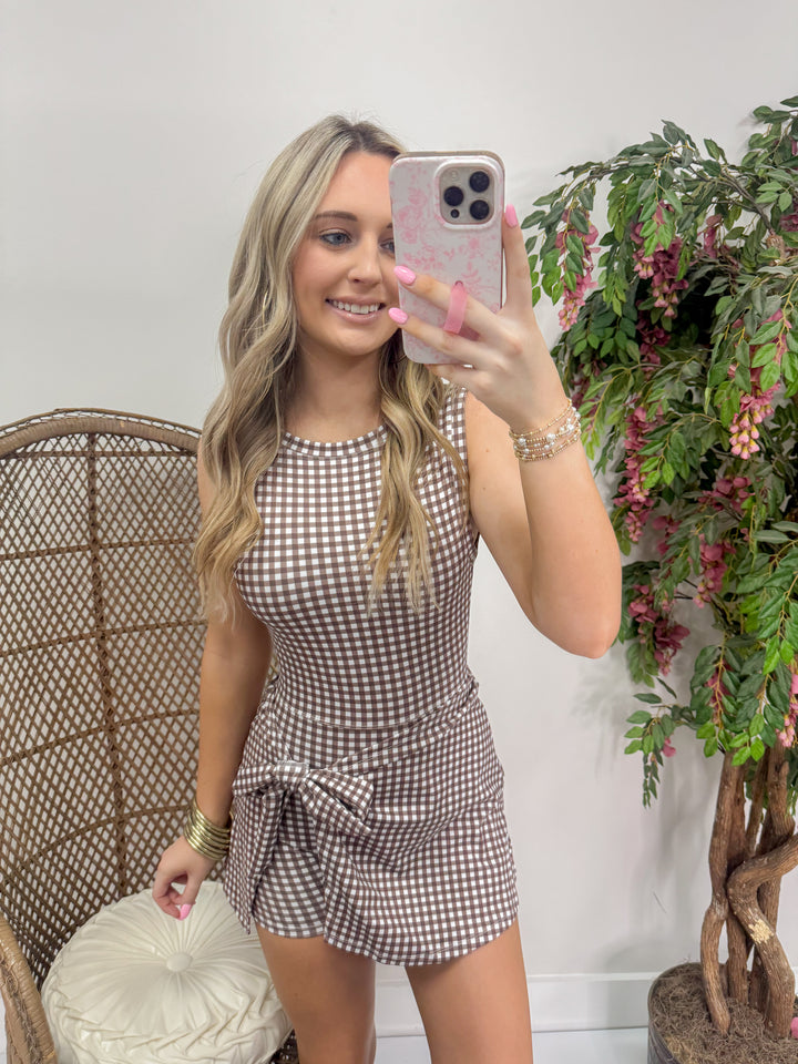 Gingham Print Sleeveless Wrap Tie Front Dress "Brown"