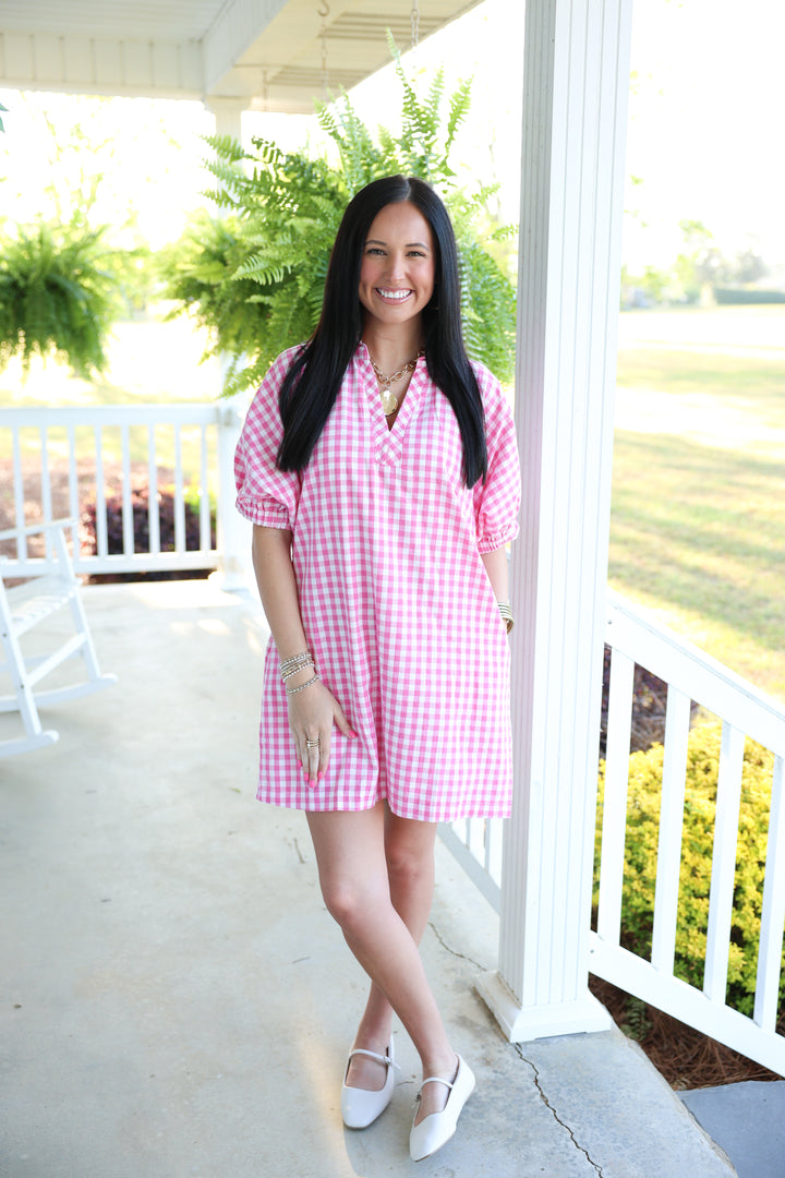 Southern Gingham Print Dress "Pink"
