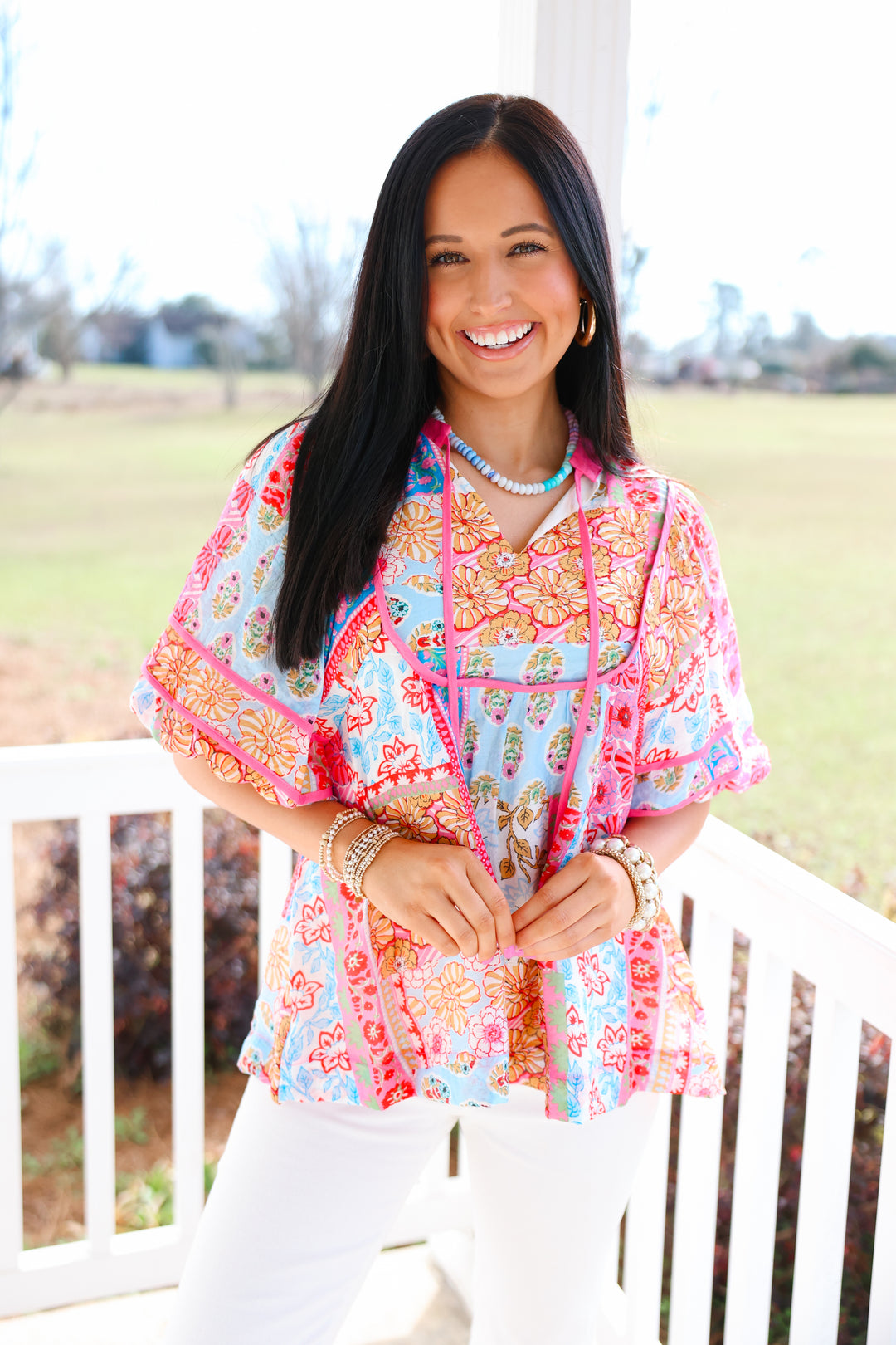 Jasmine Pink Trim Printed Top