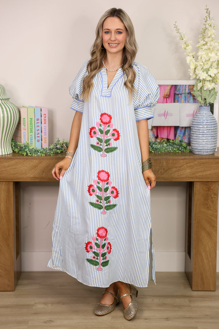 Sunday Stroll Stripe Floral Embroidery Dress "Blue"