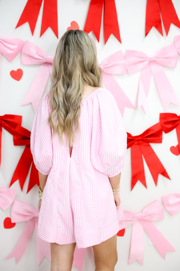 Striped Front Tie Detail Easy Fit Romper "Pink"