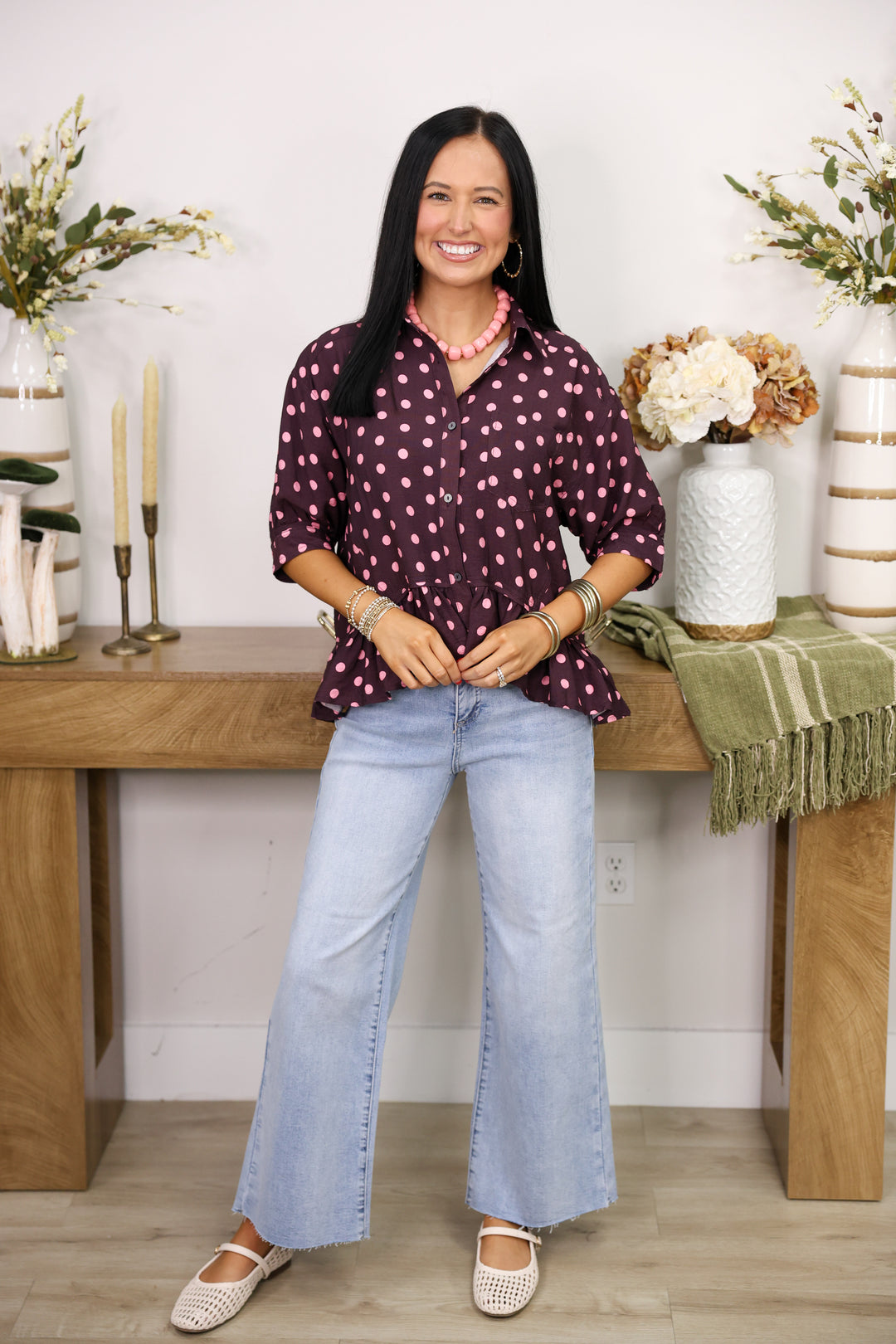 Polka Dot Short Sleeve Button Down Top "Wine/Pink"