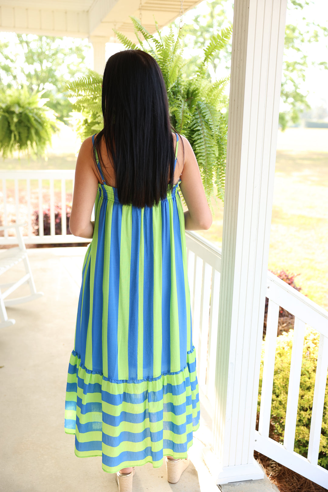 Striped Print Sleeveless Midi Dress "Lime/Blue"