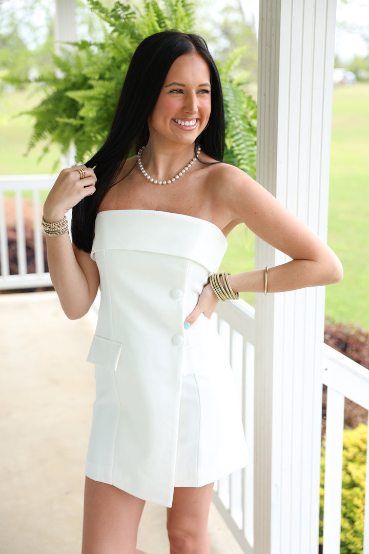 Strapless Collared Tailored Bodycon Mini Dress "White"