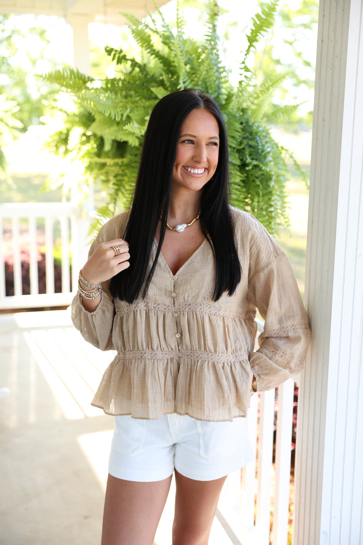 V Ruffle Neck Blouse "LT Taupe"