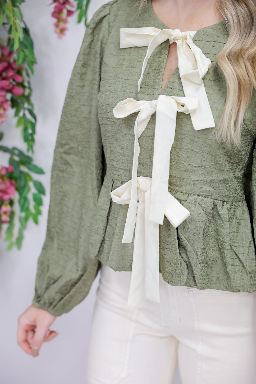 Bubble Bow Blouse "Dusty Olive"