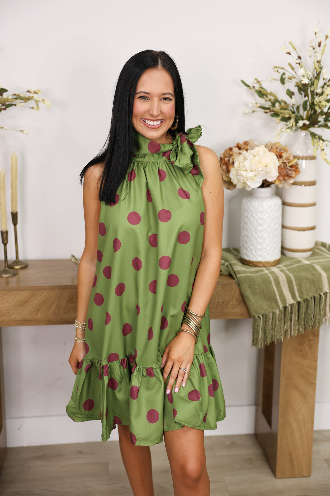 Tie Neck Sleeveless Polka Dot Mini Dress "Olive"