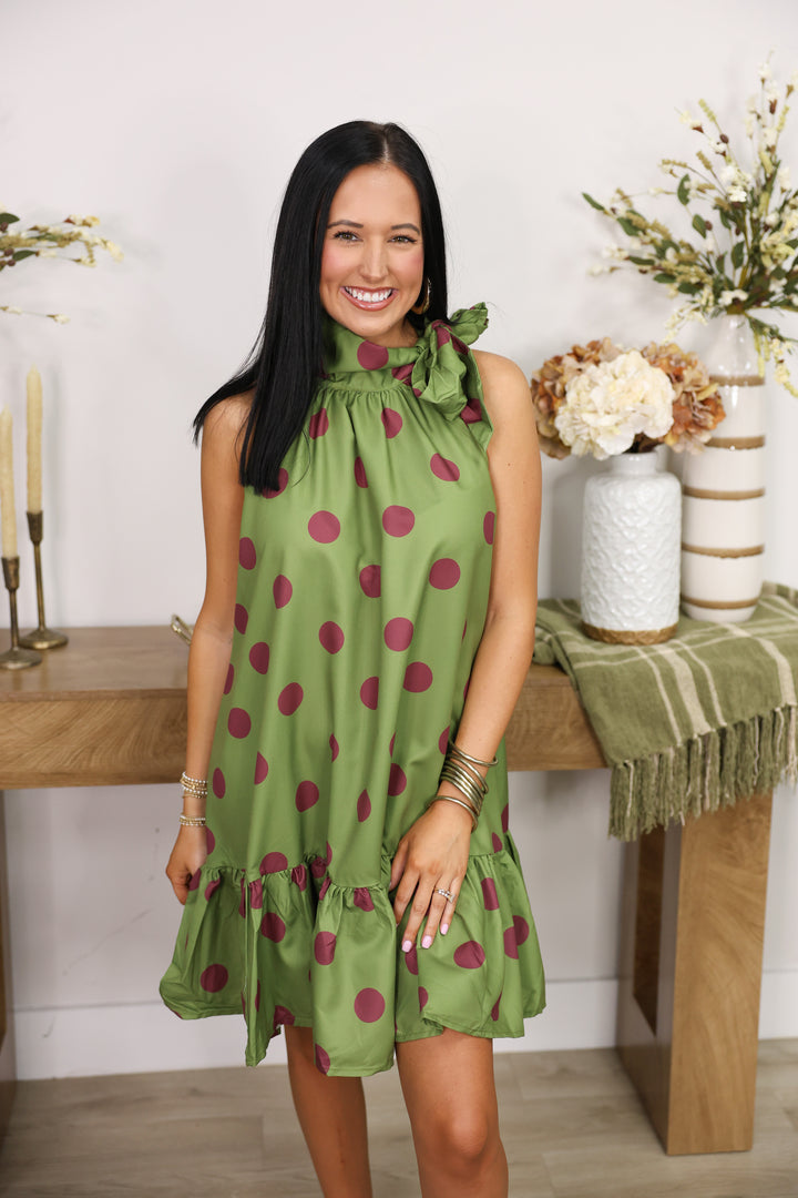 Tie Neck Sleeveless Polka Dot Mini Dress "Olive"