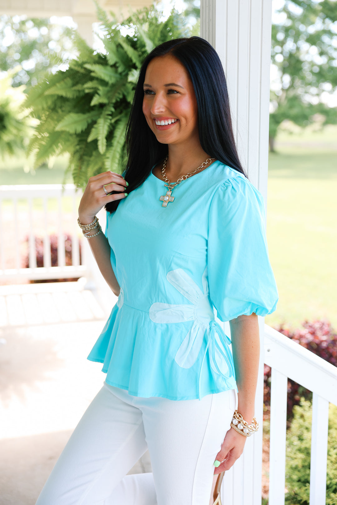 Floral Colorblock Poplin Top "Aqua Blue"