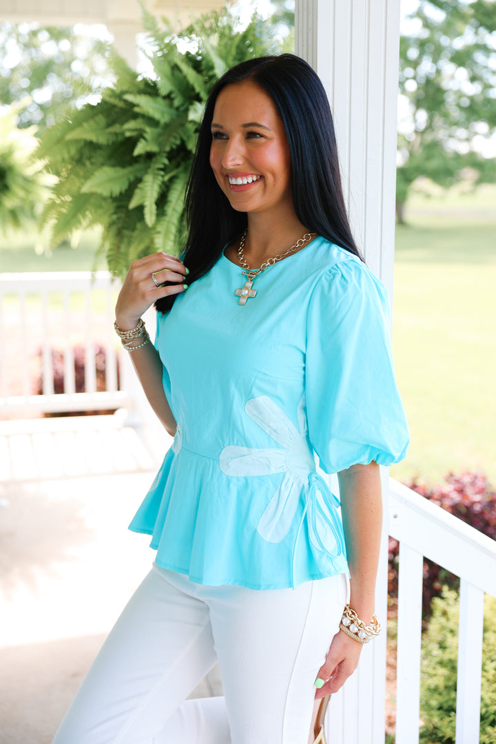 Floral Colorblock Poplin Top "Aqua Blue"